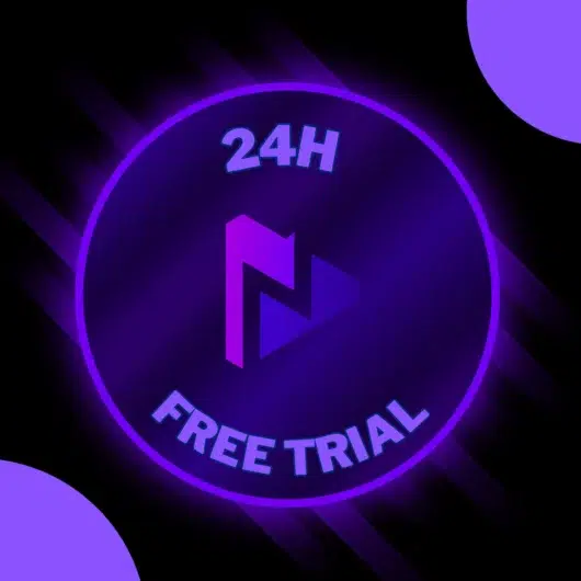 Image of a text that says 'Free Trial' in bold white letters on a blue background, symbolizing a free offer for a product or service.